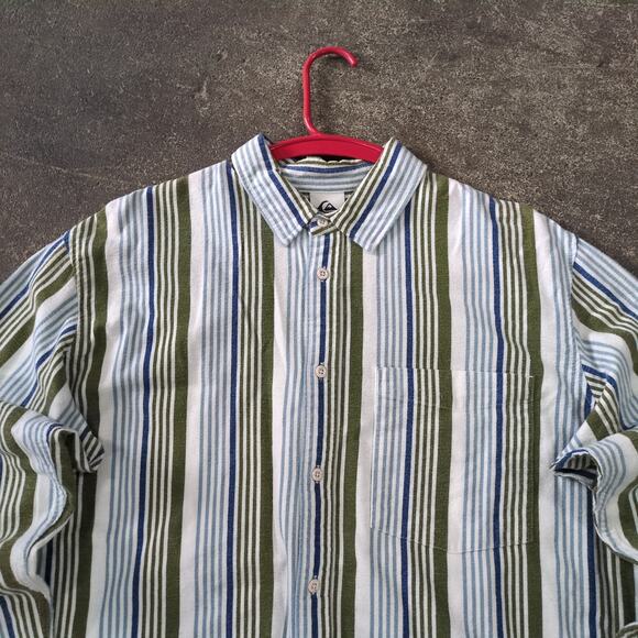 Quiksilver Flannel Shirt Mens M White Striped Beach Button Up Long Sleeve Surf - Picture 2 of 8